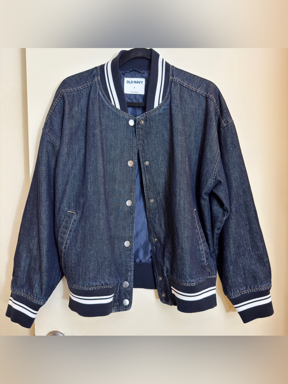 Old Navy Cotton Oversized Relaxed Lined Blue White Jean Bomber Jacket